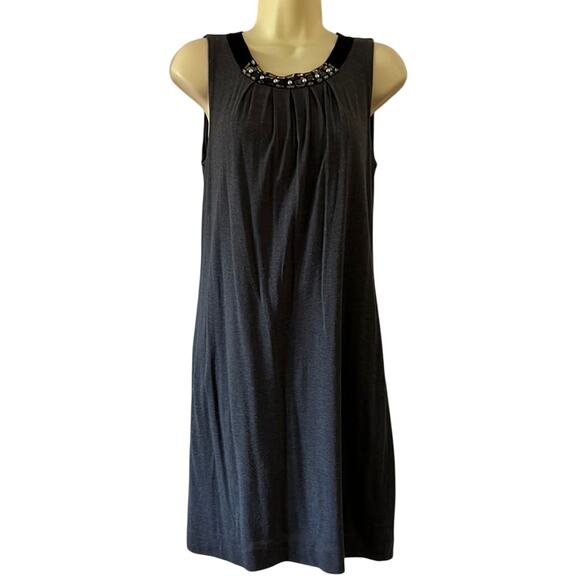 Loft Ann Taylor Gray Sleeveless Knit Dress Woman Size Small Beaded Neck Lined - Picture 1 of 9